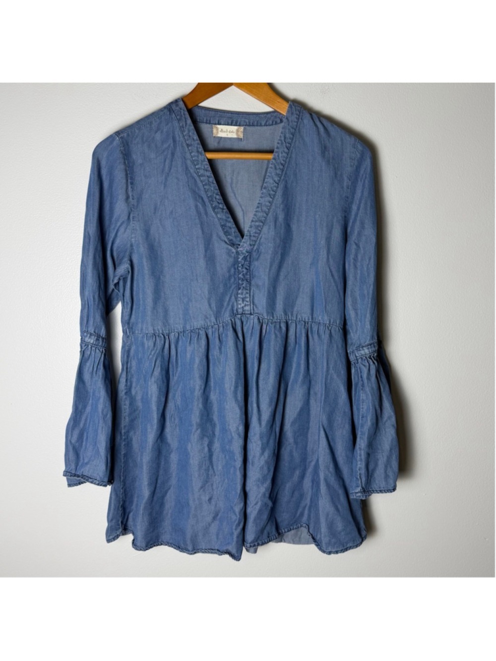 Denim Chambray Boho Peasant dress Bell Sleeve Cottagecore Size Small - Picture 2 of 7